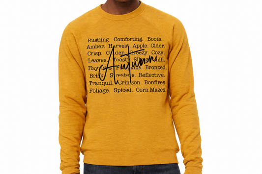 Autumn word art design on mustard crewneck sweatshirt