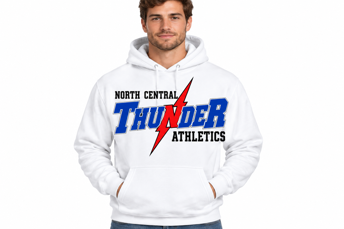 North Central Thunder Athletics full logo hoodie in white - adult male model