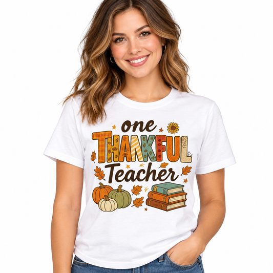 One Thankful Teacher design on white t-shirt