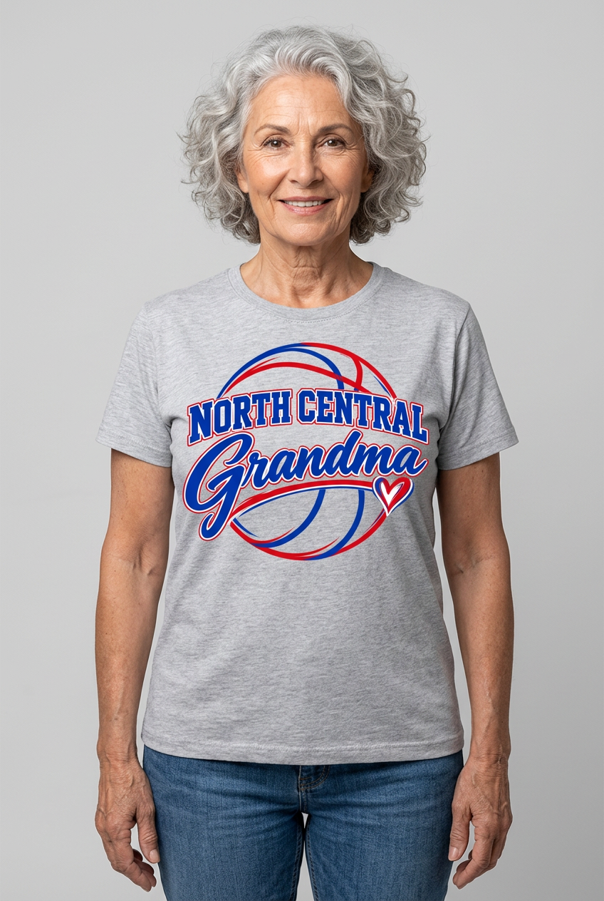 Older female model wearing sports gray North Central Grandma T-shirt