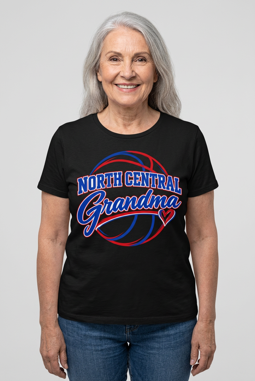 Older female model wearing black North Central Grandma T-shirt