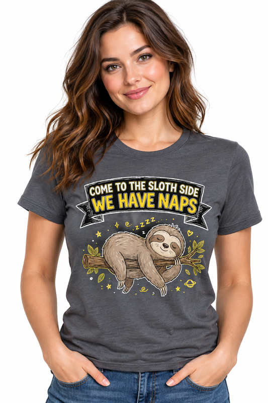 Come To The Sloth Side - Slate Gray T-Shirt on female model