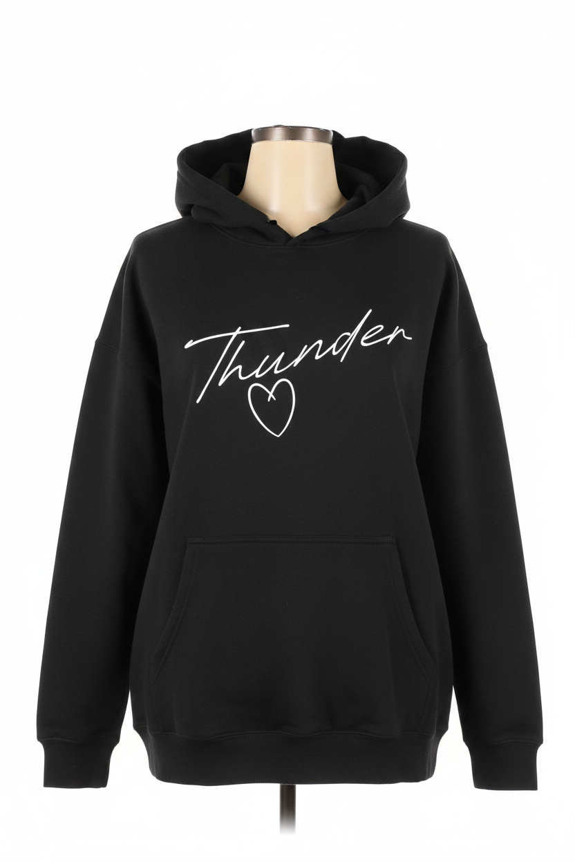 Unisex black pullover hoodie with white Thunder cursive script and heart graphic