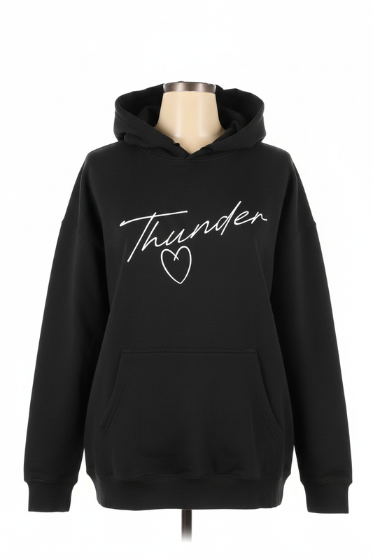 Unisex black pullover hoodie with white Thunder cursive script and heart graphic