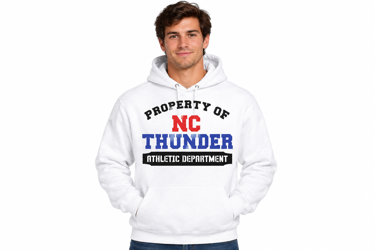 Property of NC Thunder design on white hoodie