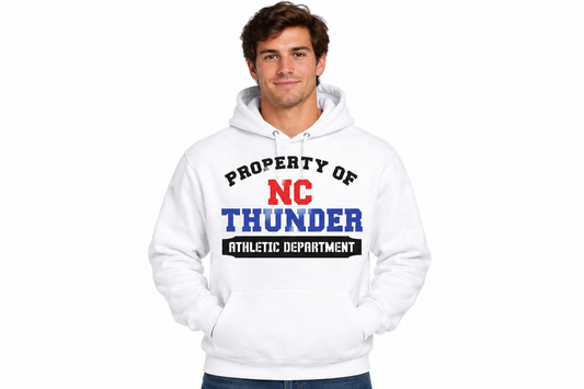 Property of NC Thunder design on white hoodie
