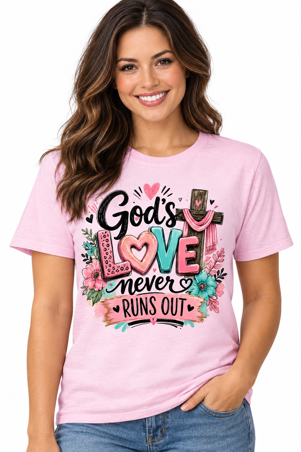 God's Love Never Runs Out - Light Pink T-Shirt on female model
