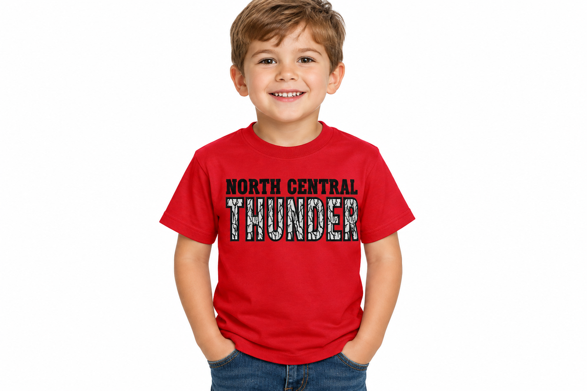 North Central Thunder woodgrain design on red kids t-shirt