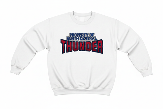 Property of North Central Thunder on white crewneck
