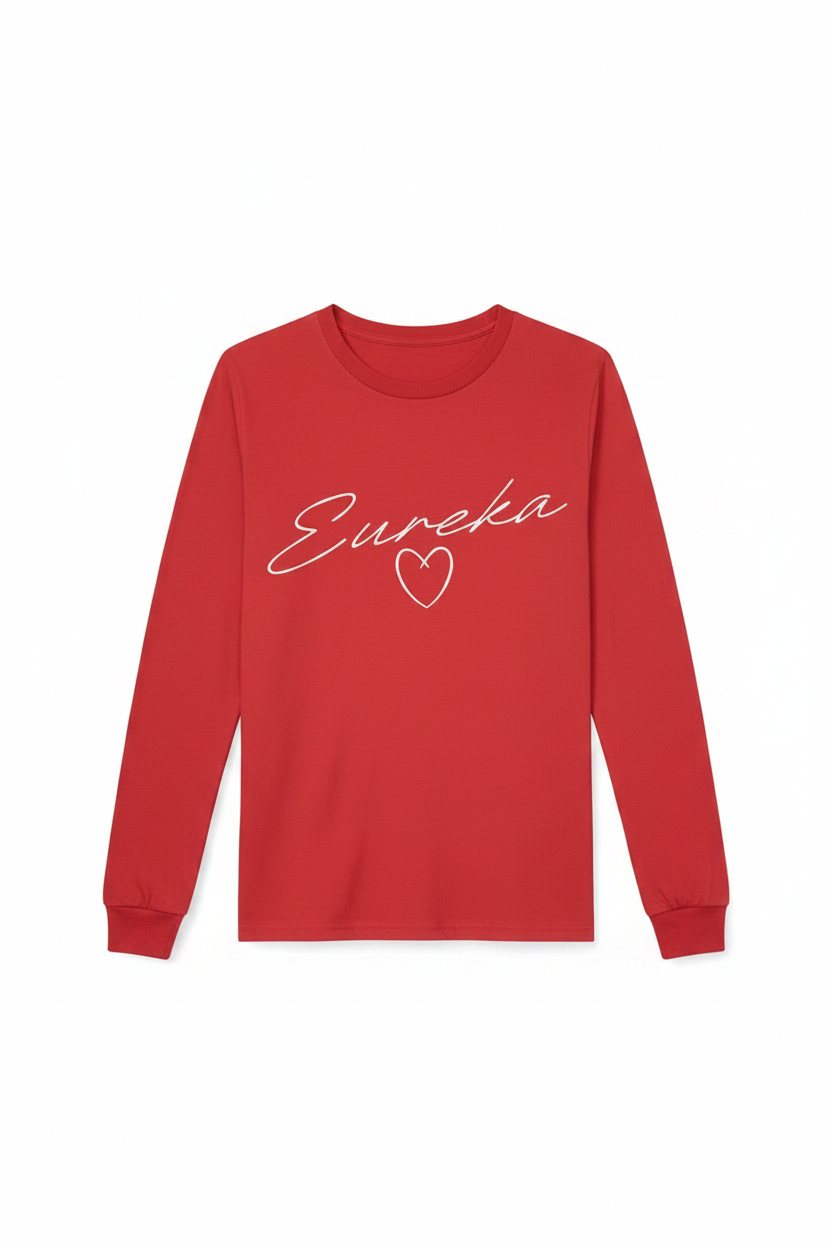 Red long sleeve t-shirt with white Eureka cursive script and white heart outline graphic