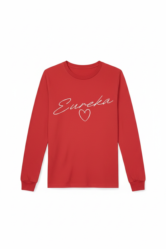 Red long sleeve t-shirt with white Eureka cursive script and white heart outline graphic