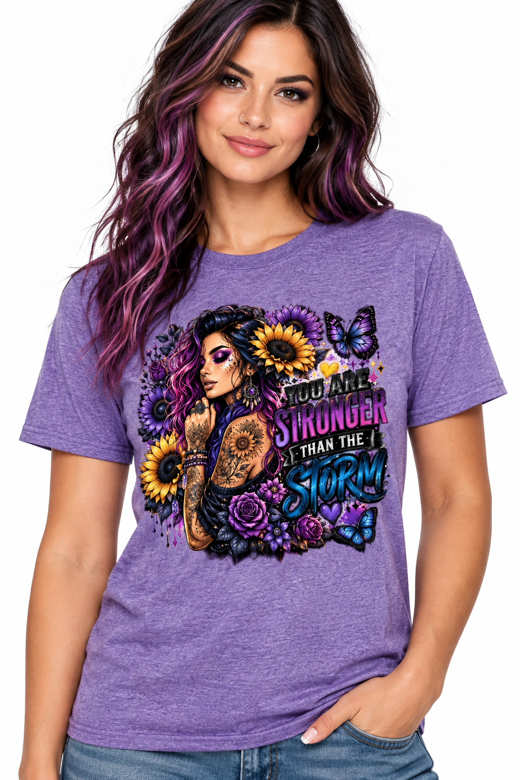 You Are Stronger Than the Storm - Heathered Purple T-Shirt on female model