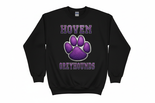 Hoven Greyhounds paw graphic on black crewneck sweatshirt