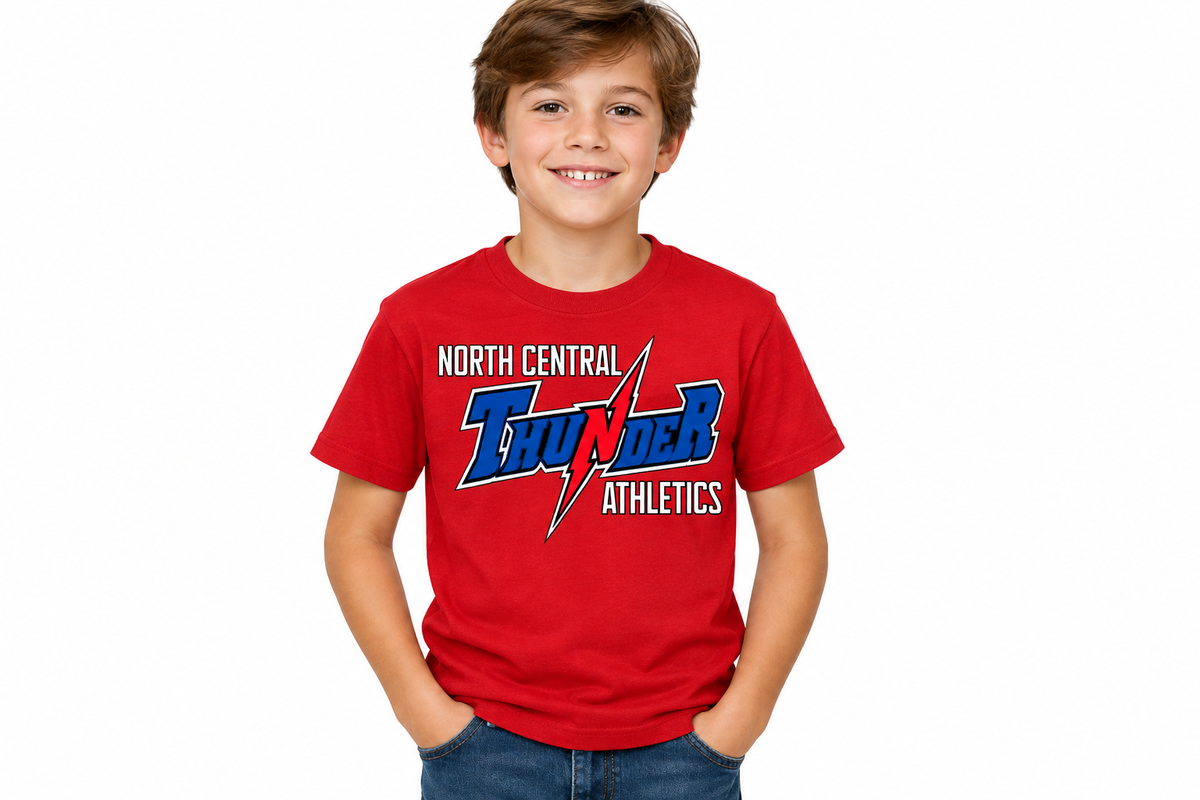 North Central Thunder Athletics design on red t-shirt - youth model