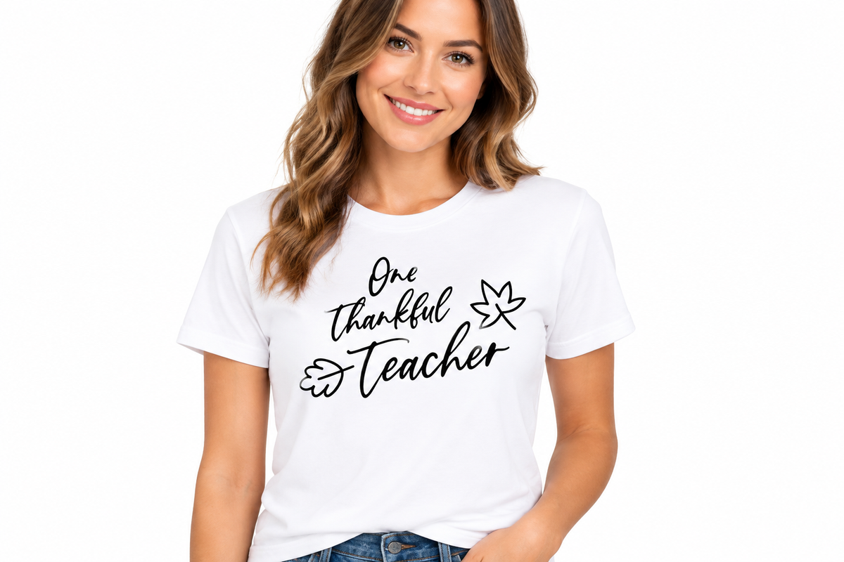 One Thankful Teacher black ink design on white t-shirt