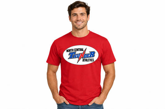 North Central Thunder Athletics oval badge on red t-shirt - adult male model