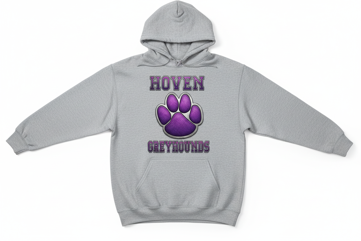 Hoven Greyhounds paw graphic on heather gray hoodie