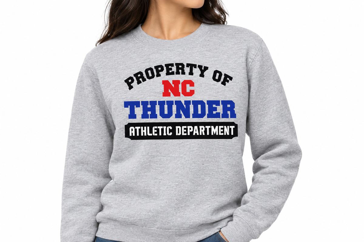 Property of NC Thunder design on sports gray crewneck sweatshirt