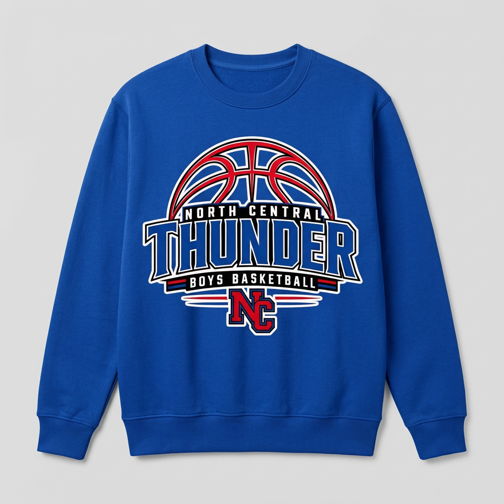 Royal blue crewneck with North Central Thunder boys basketball Design 3