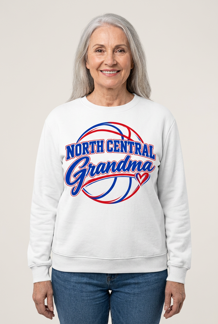 Older female model wearing white North Central Grandma crewneck sweatshirt