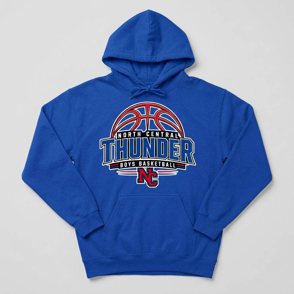 Royal blue hoodie with North Central Thunder boys basketball Design 3
