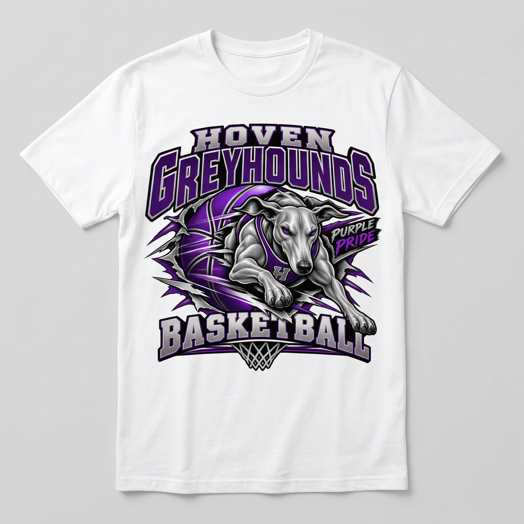 Flat-lay white Hoven Greyhounds Purple Pride Basketball T-shirt