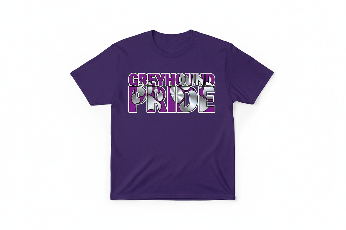 Greyhound Pride graphic on purple t-shirt