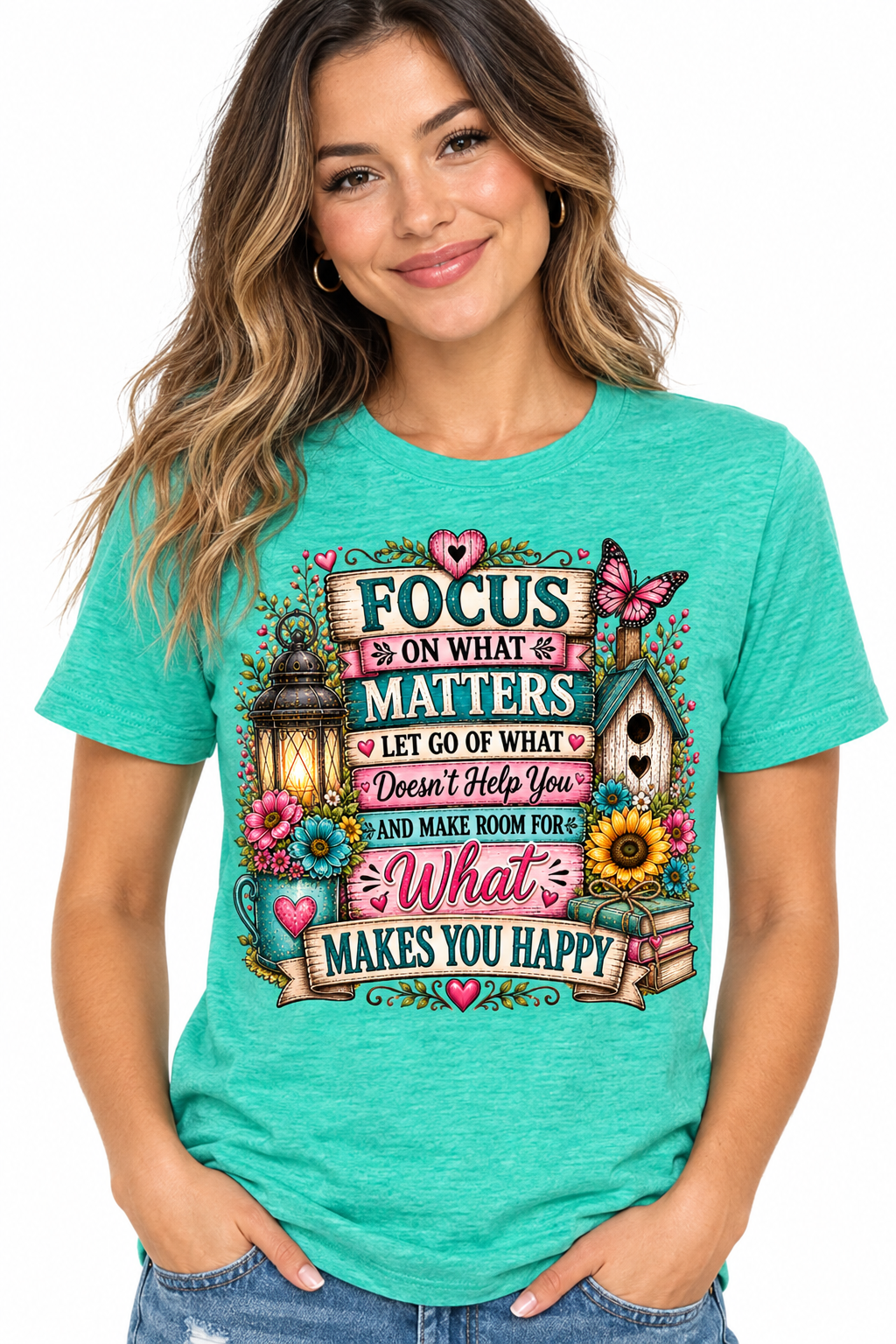 Focus on What Matters - Sea Green T-Shirt on female model