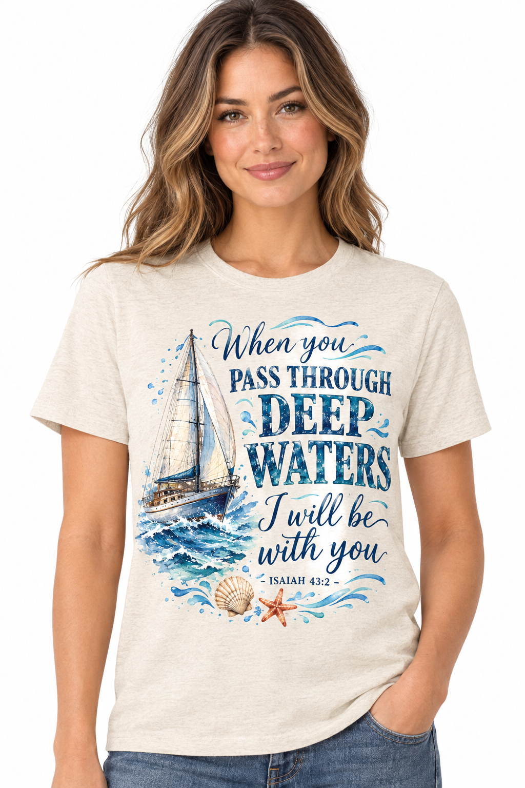 Deep Waters Isaiah 43:2 - Heathered Oatmeal T-Shirt on female model