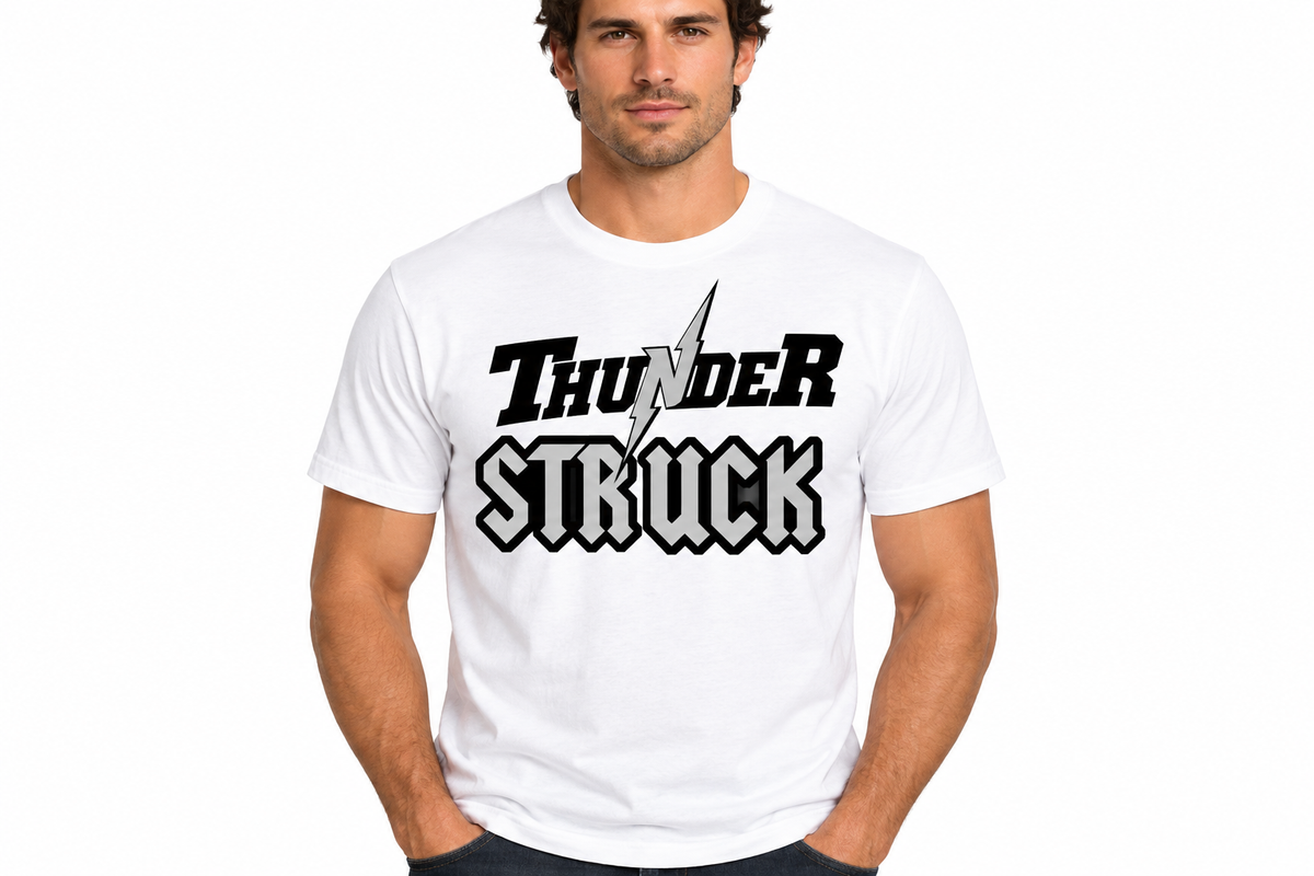 ThunderStruck design on white t-shirt - adult male model