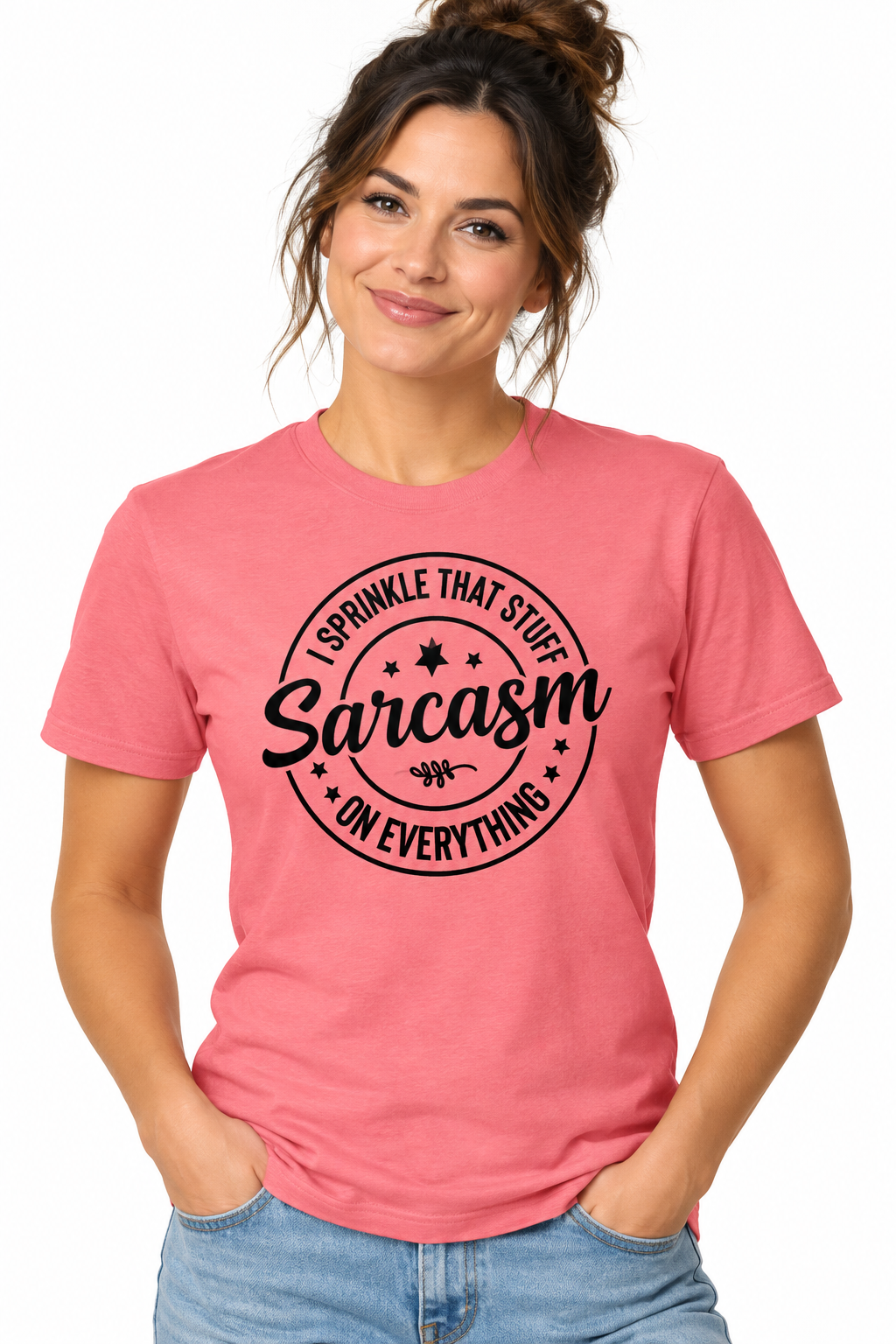Sarcasm - Coral Silk T-Shirt on female model