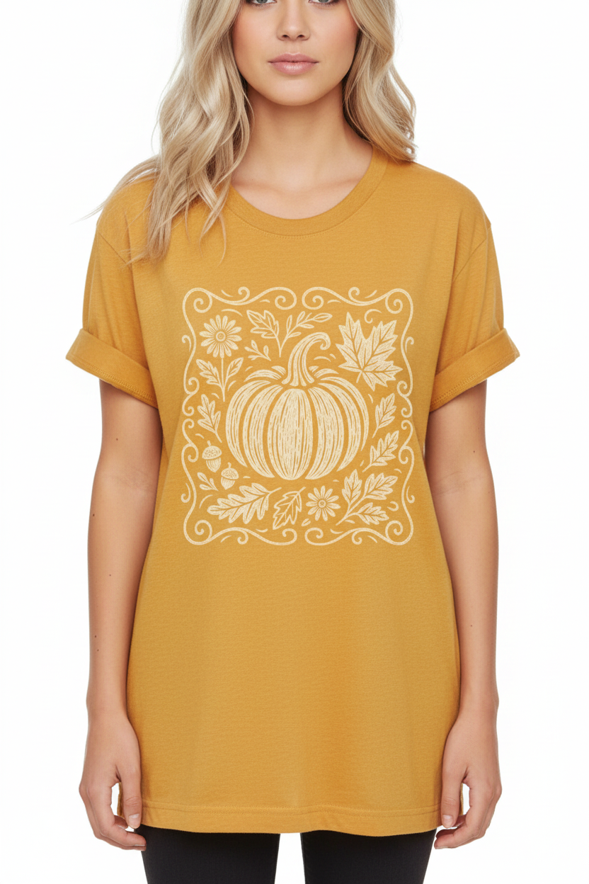 Women's heathered mustard t-shirt with cream botanical pumpkin graphic