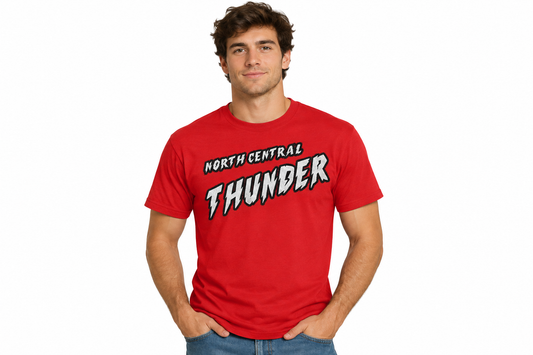North Central Thunder grunge design on red t-shirt