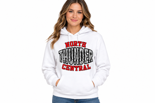 North Thunder Central crest design on white hoodie - adult female model