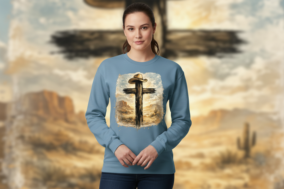 Western Cross Crewneck in Stone Blue