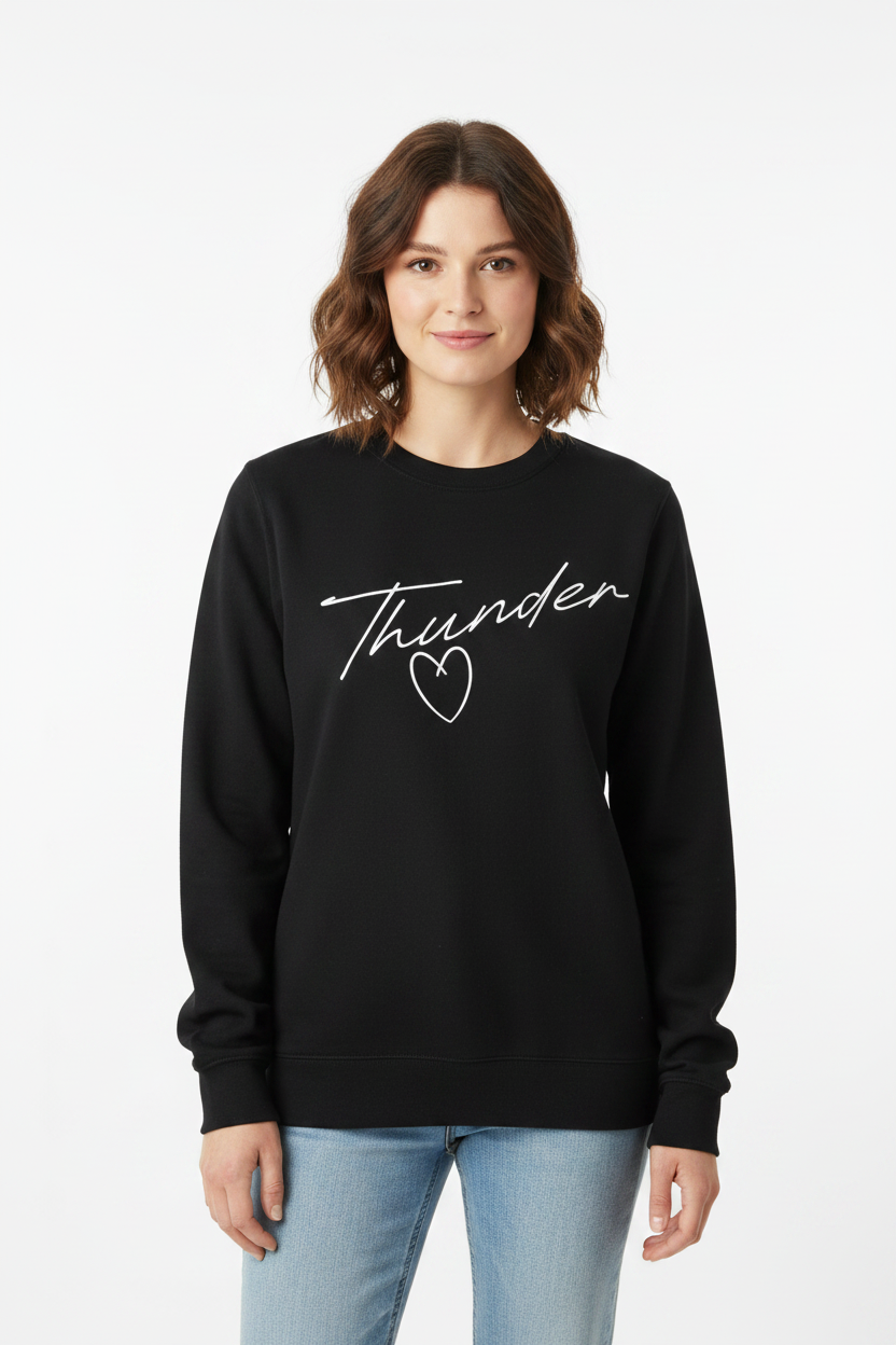 Women's black crewneck sweatshirt with white Thunder cursive script and heart graphic