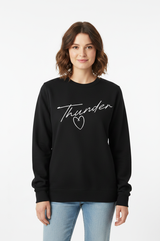 Women's black crewneck sweatshirt with white Thunder cursive script and heart graphic