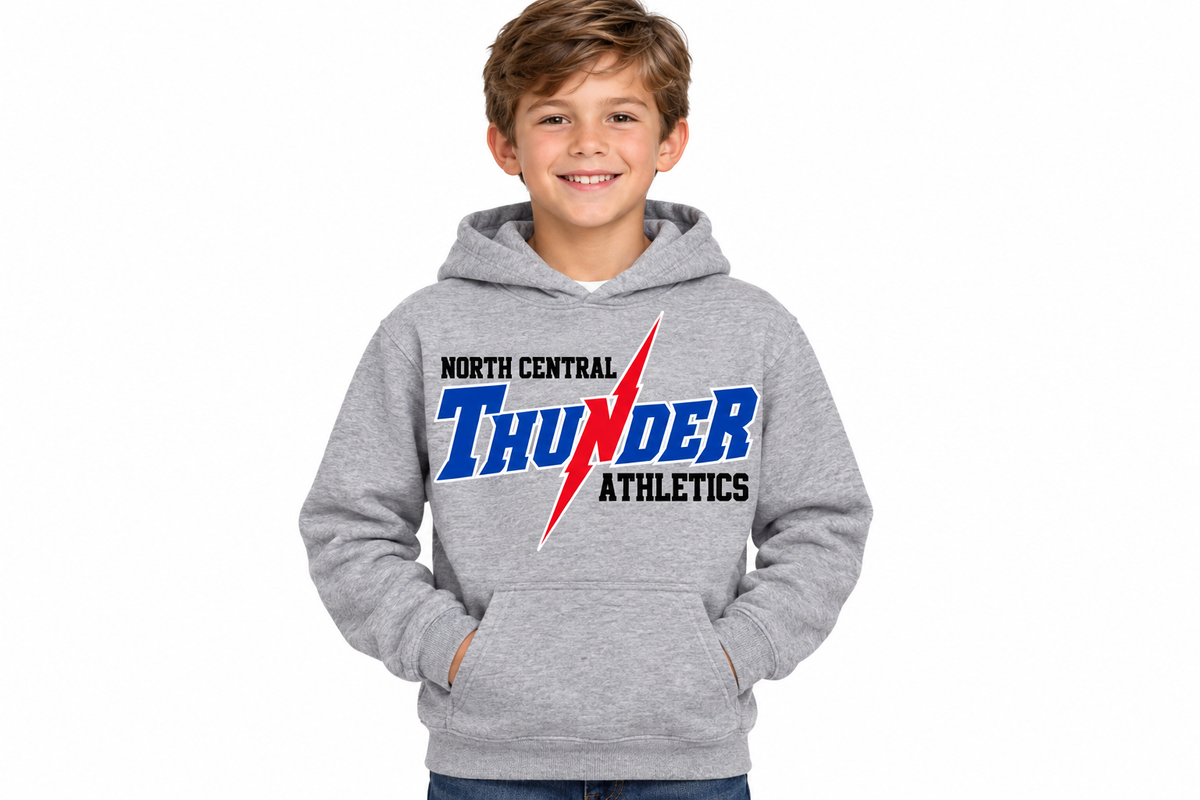 North Central Thunder Athletics full logo hoodie in sports gray - youth model