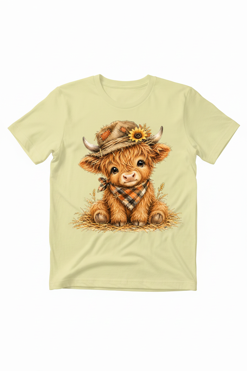 Highland Cow Harvest T-Shirt in Pale Yellow