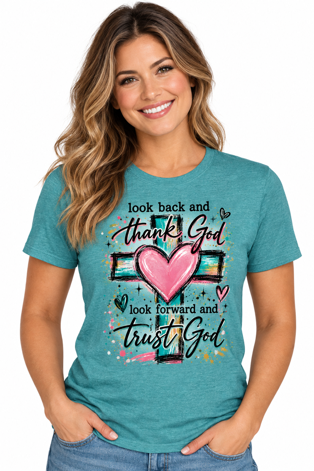 Look Back Thank God Trust God - Heathered Galapagos T-Shirt on female model