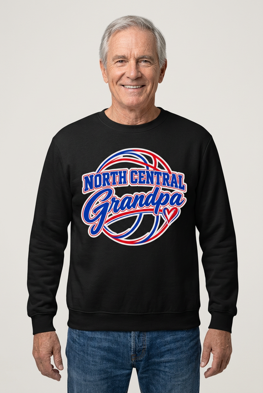 Older male model wearing black North Central Grandpa crewneck sweatshirt
