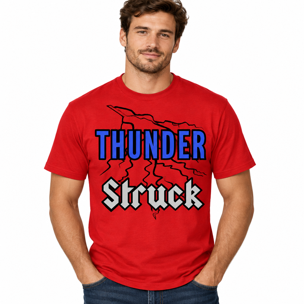 ThunderStruck lightning design on red t-shirt - adult male model