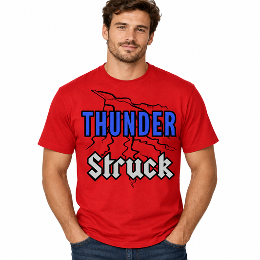 ThunderStruck lightning design on red t-shirt - adult male model