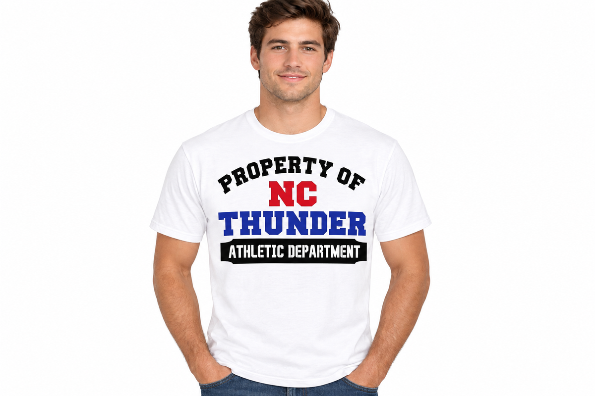 Property of NC Thunder design on white t-shirt