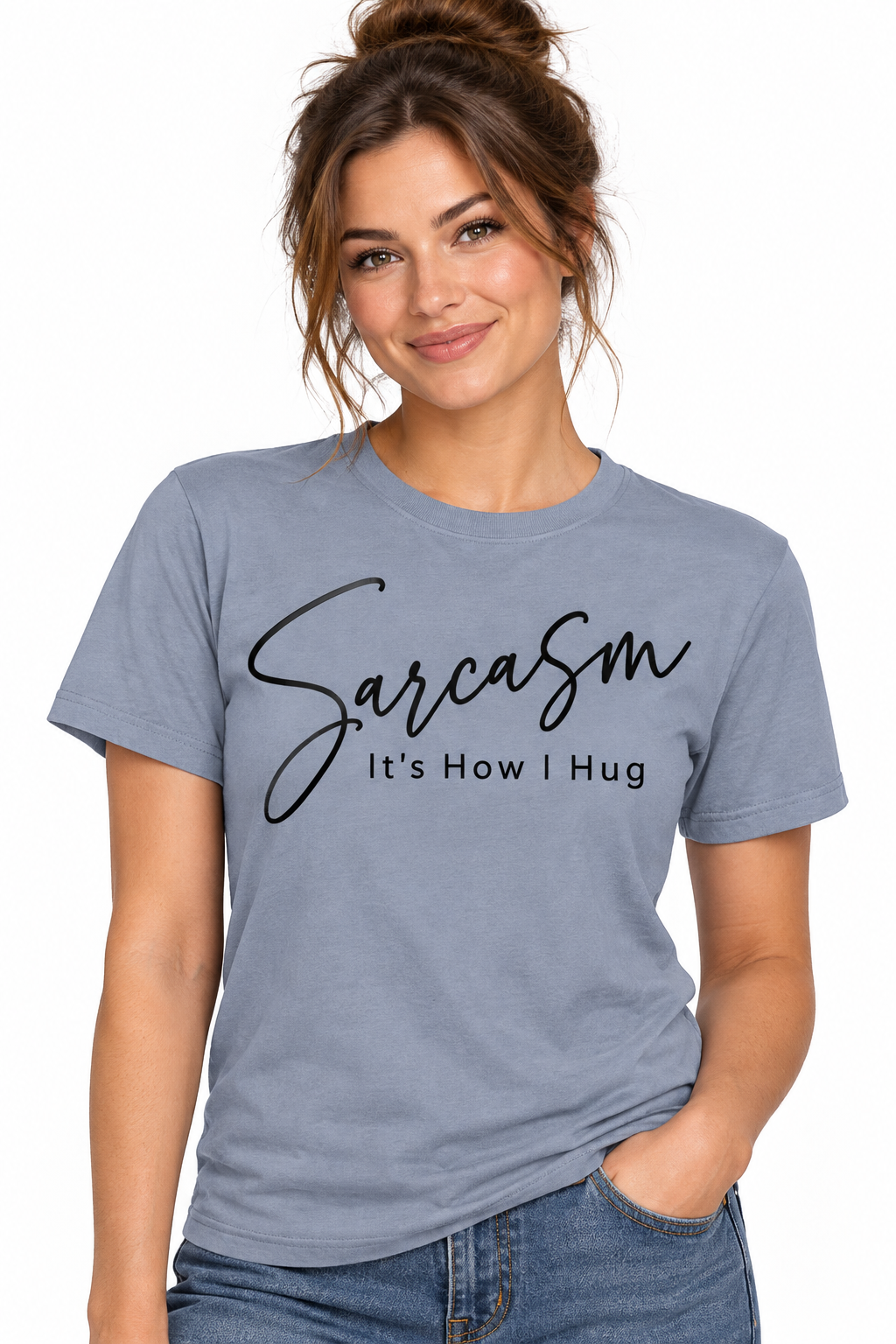 Sarcasm It's How I Hug - Vintage Denim T-Shirt on female model