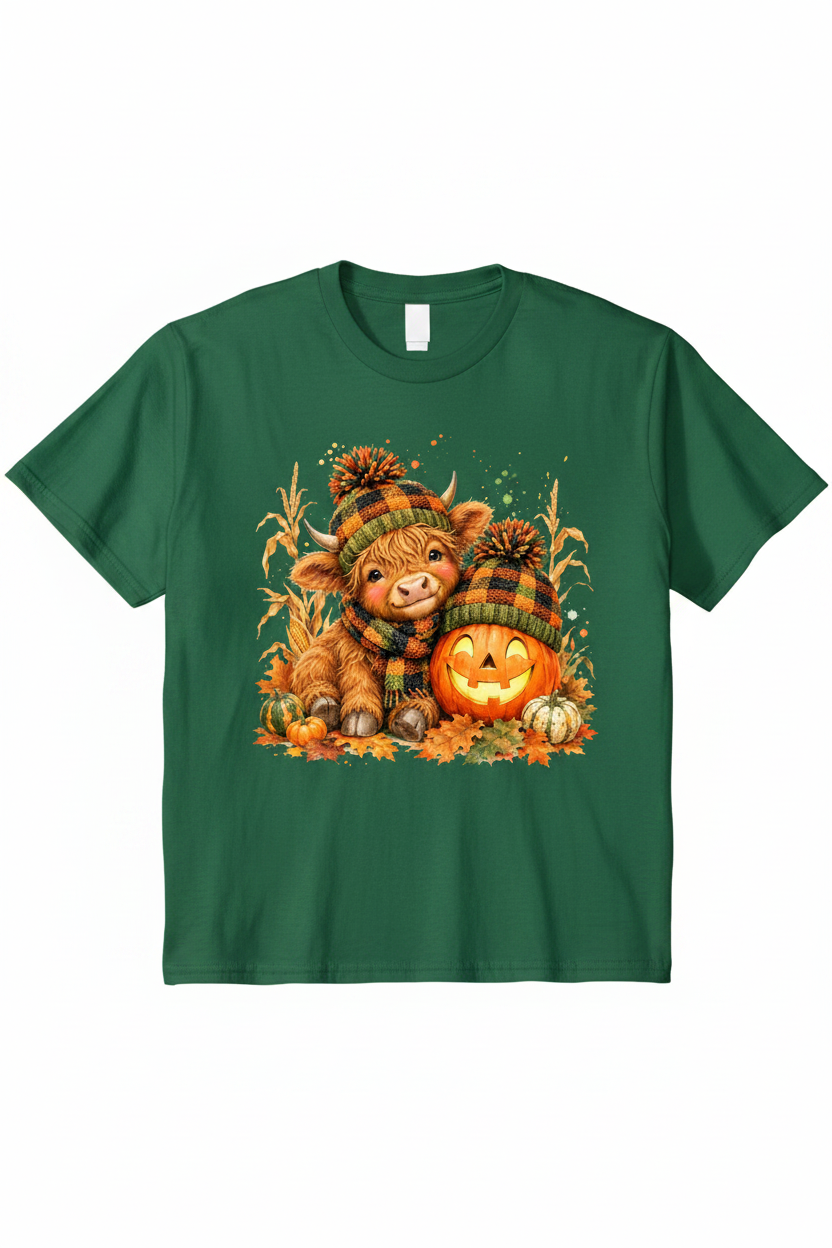 Halloween Highland Cow T-Shirt in Forest Green