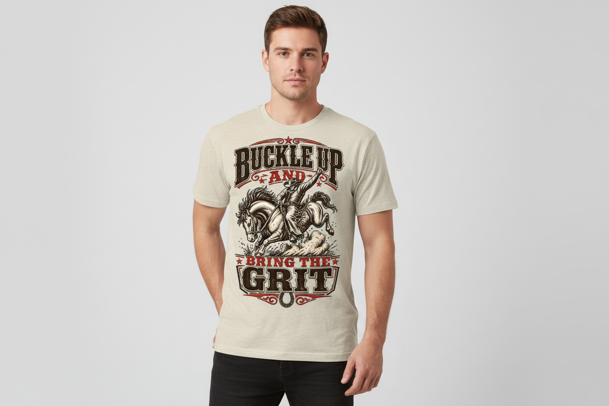 Buckle Up and Bring the Grit tee in Heathered Oatmeal