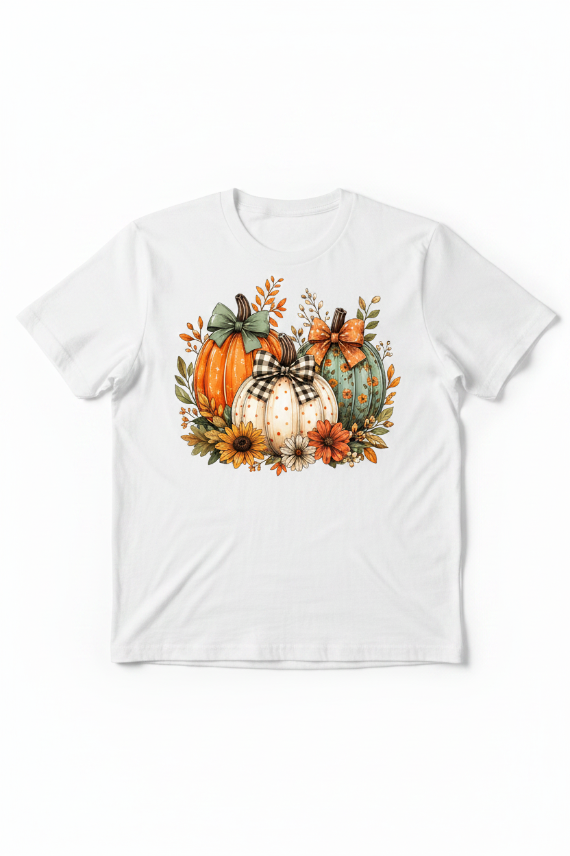 White t-shirt flat lay with fall pumpkin trio graphic featuring orange, cream, and teal pumpkins with autumn flowers