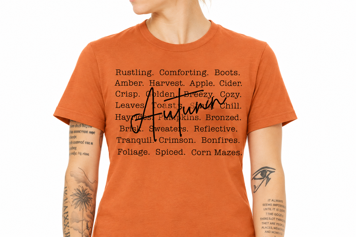 Autumn word art design on burnt orange t-shirt