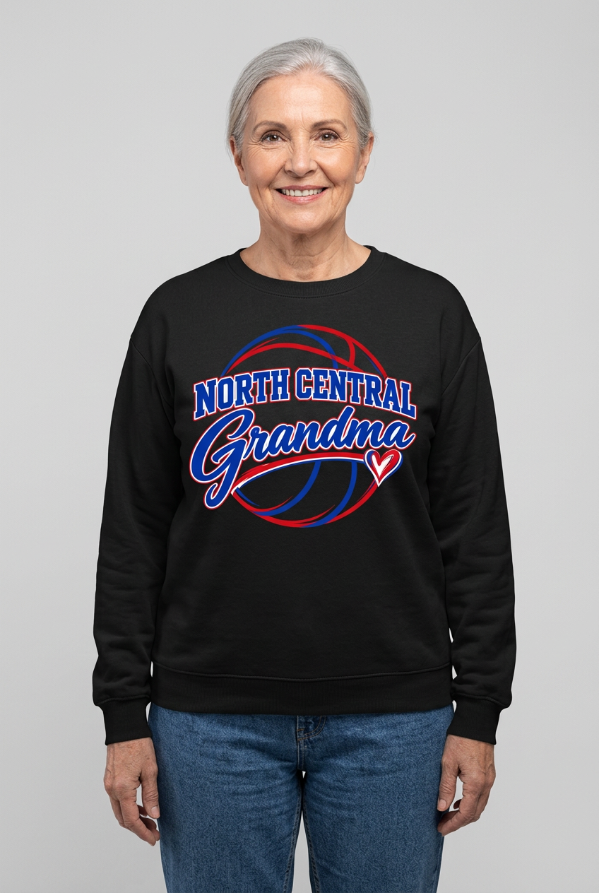 Older female model wearing black North Central Grandma crewneck sweatshirt